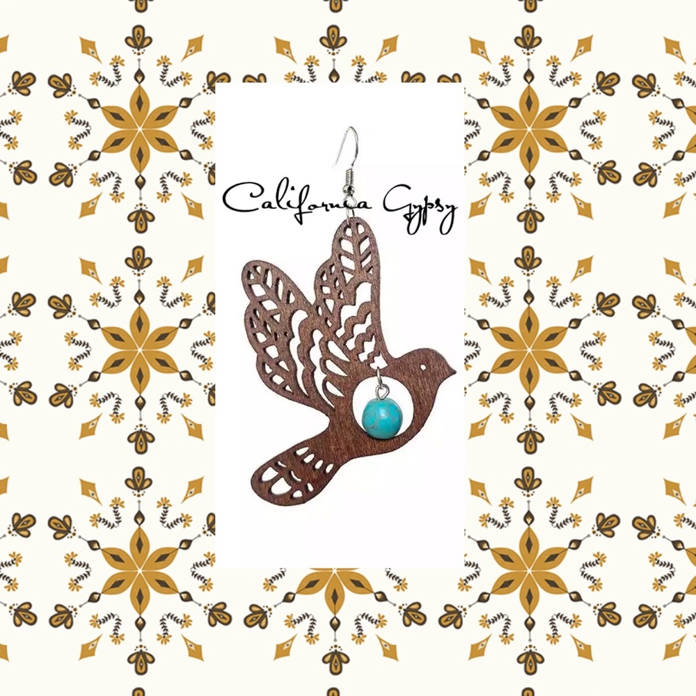 Turquoise Tooled Wood Bird Earrings - Picture 4 of 7